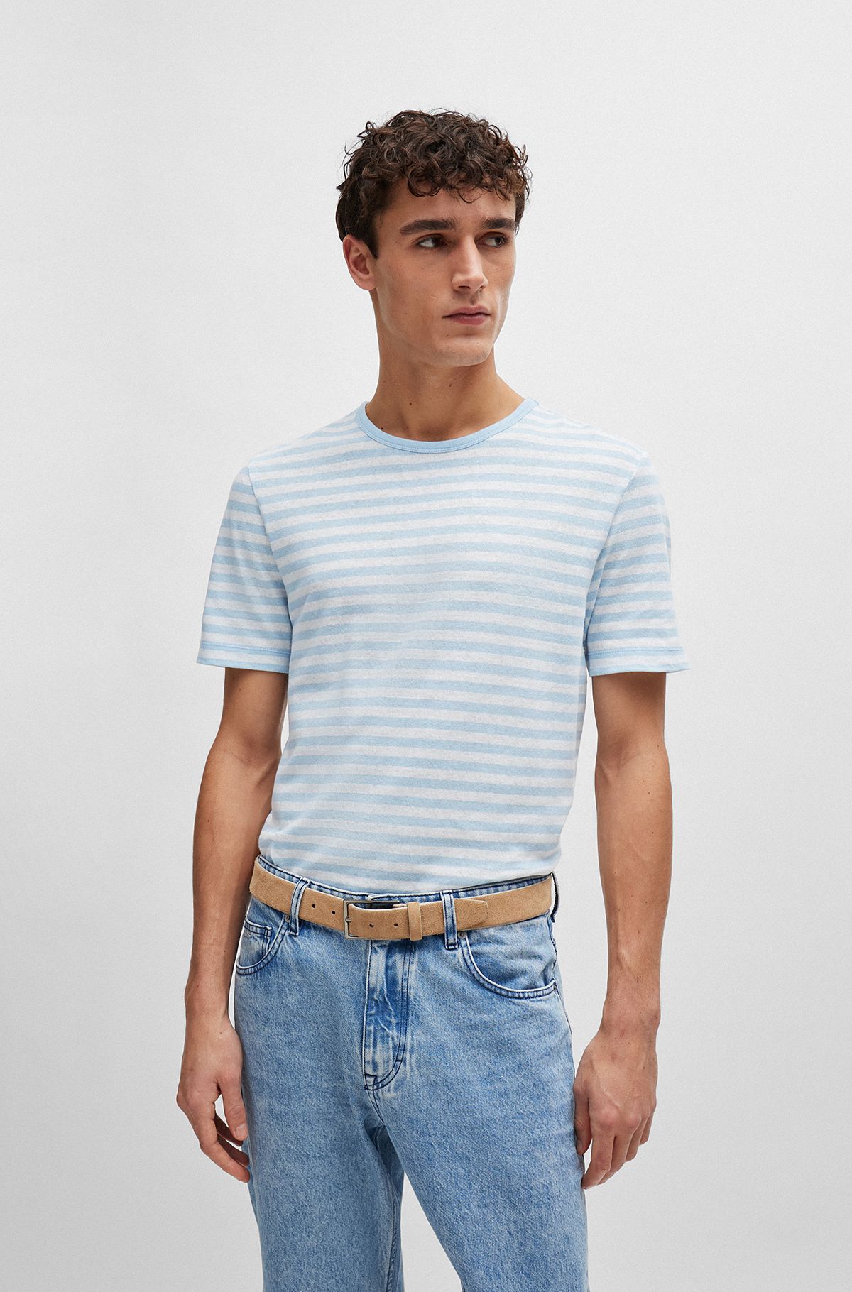 Horizontal-stripe T-shirt in cotton and linen, Light Blue