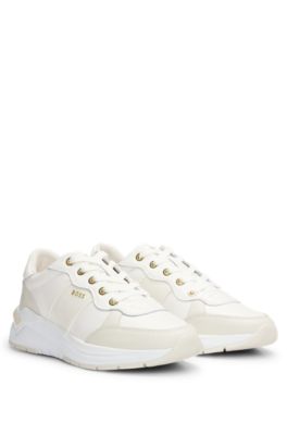 BOSS Leather lace up trainers with gold tone logo