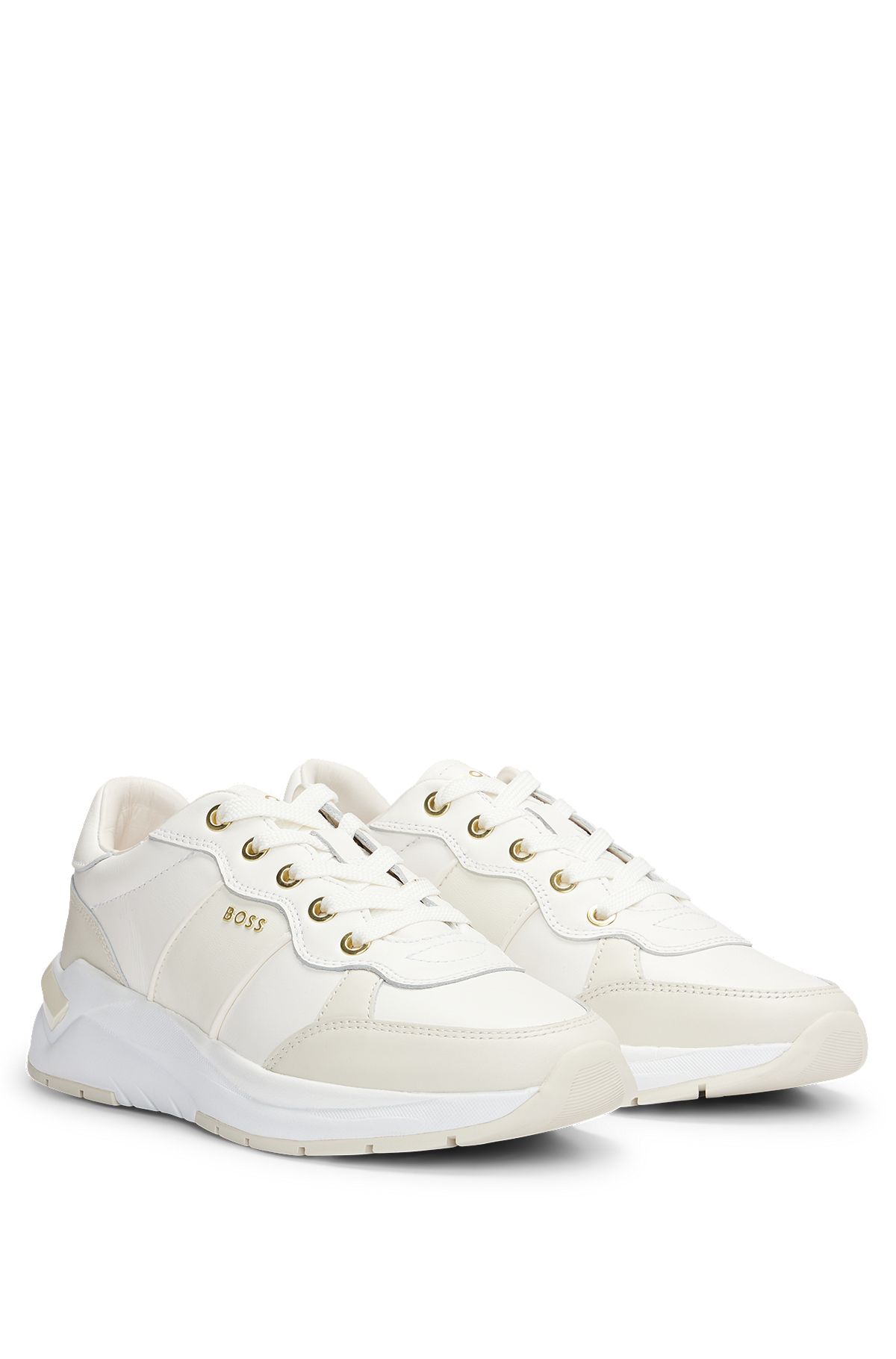 Leather lace-up trainers with gold-tone logo, White
