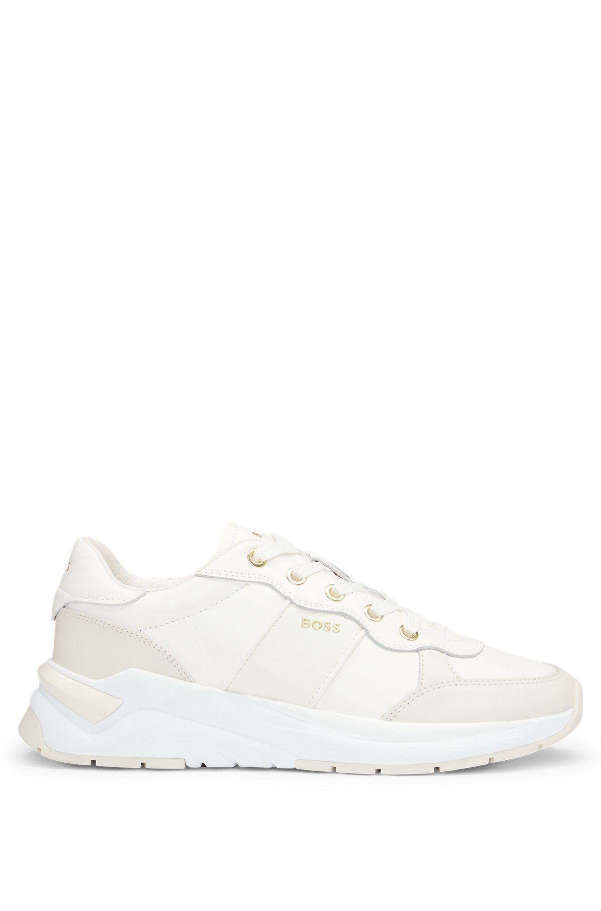 Leather lace-up trainers with gold-tone logo, White