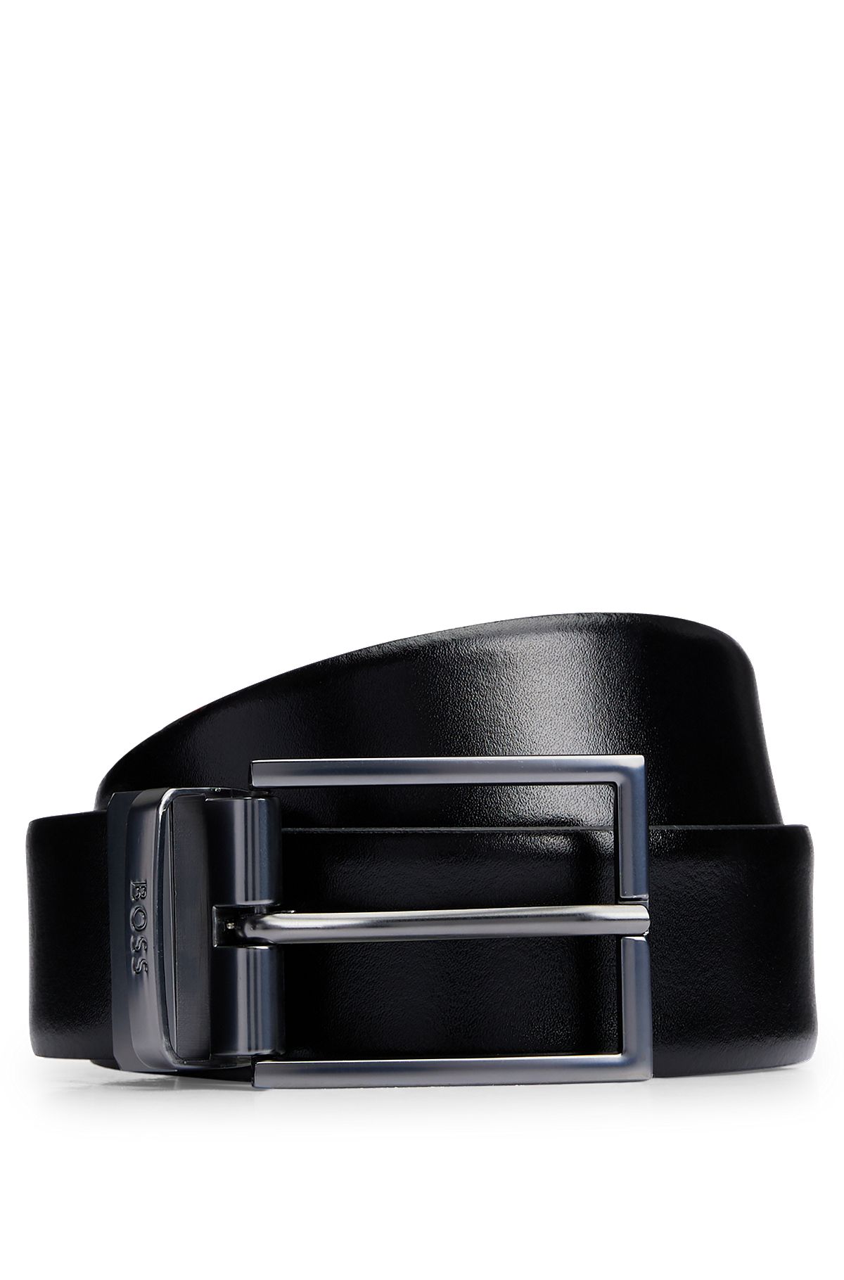 Reversible Italian-leather belt with logo-engraved keeper, Black