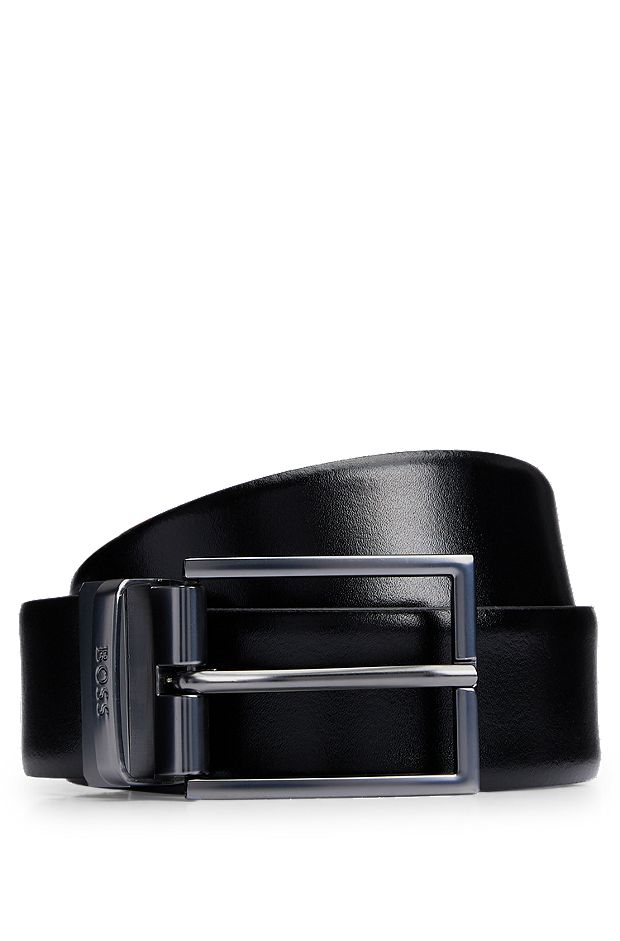Cinturón reversible de piel italiana con logo grabado en la trabilla, Negro