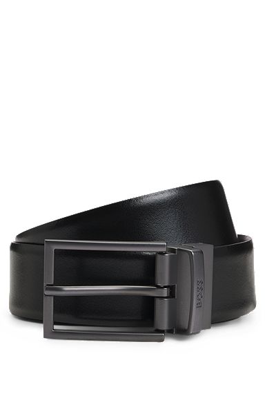 Reversible Italian-leather belt with logo-engraved keeper, Black