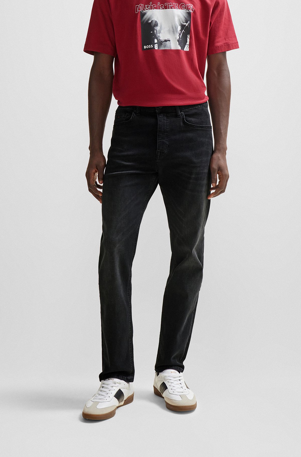 Tapered-fit jeans in black super-stretch denim, Dark Grey