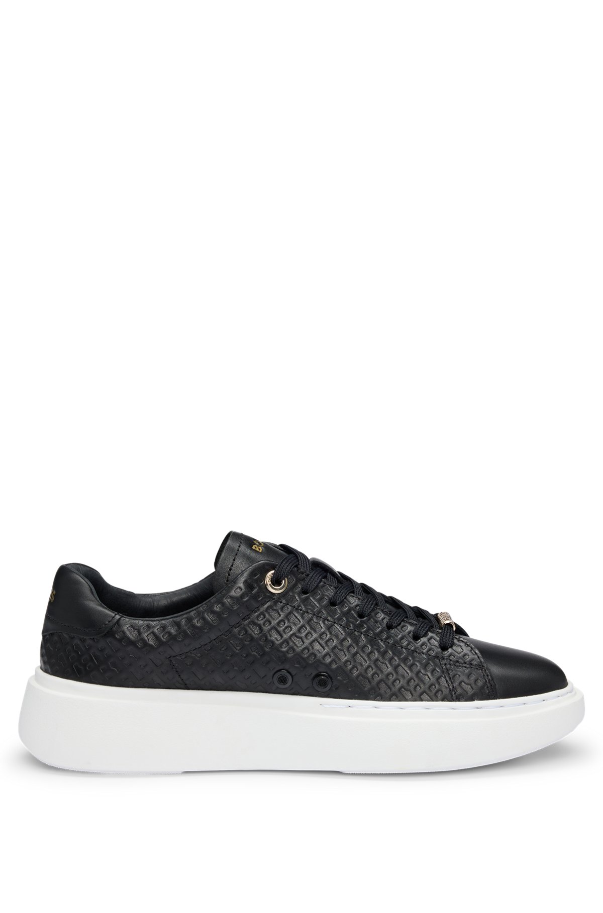 Cupsole trainers in leather with embossed monograms, Black