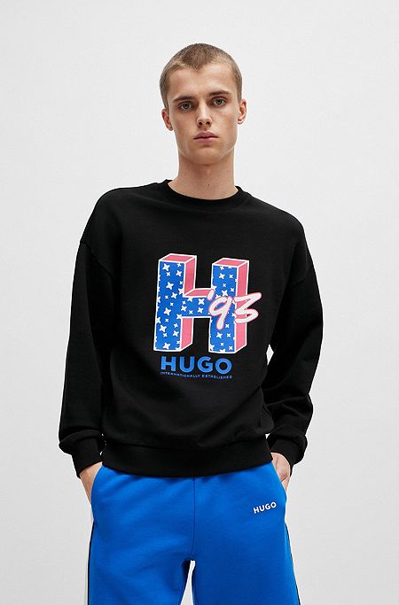 Cotton-terry regular-fit sweatshirt with logo artwork, Black