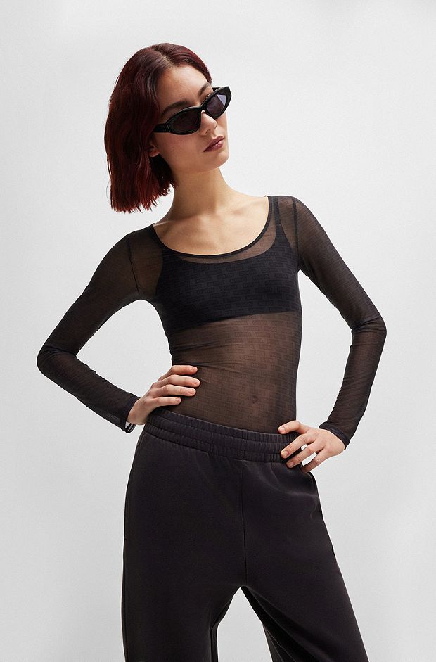 Slim-fit bodysuit in logo mesh, Black Patterned