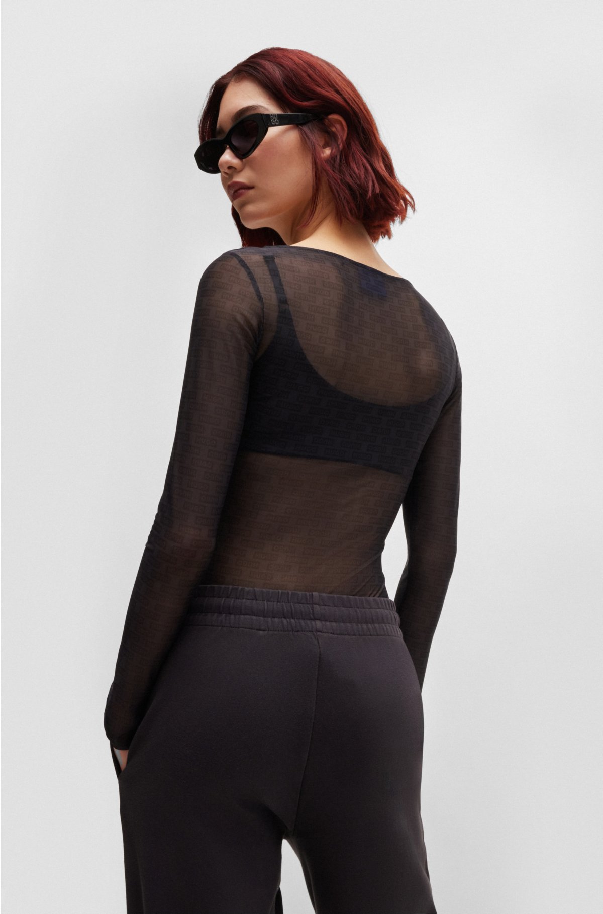 Slim-fit bodysuit in logo mesh, Black Patterned