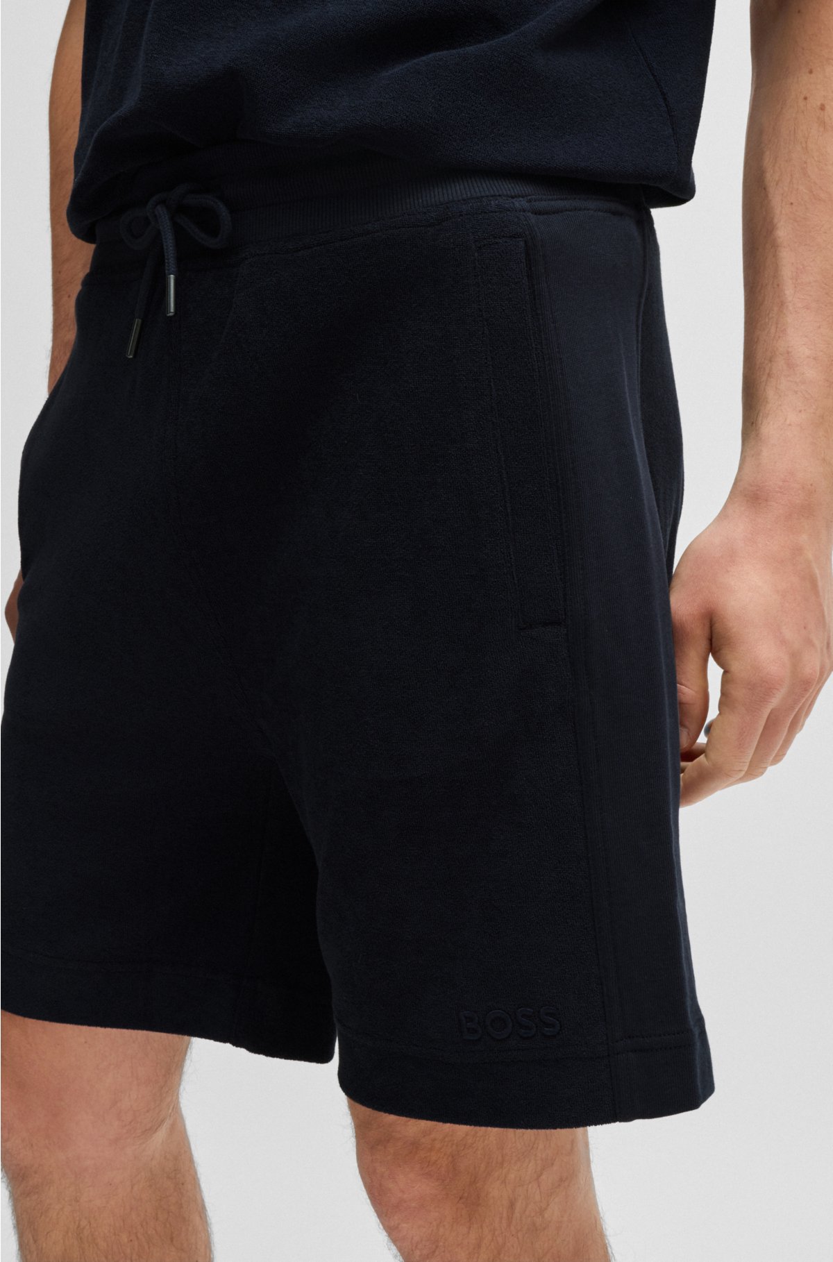 Cotton-towelling regular-fit shorts with embroidered logo, Dark Blue