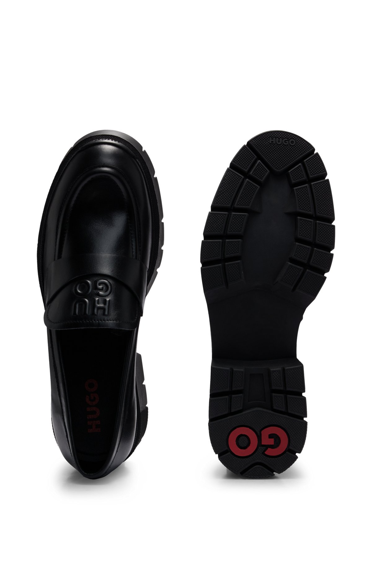 Chunky-sole loafers in smooth leather with logo details, Black