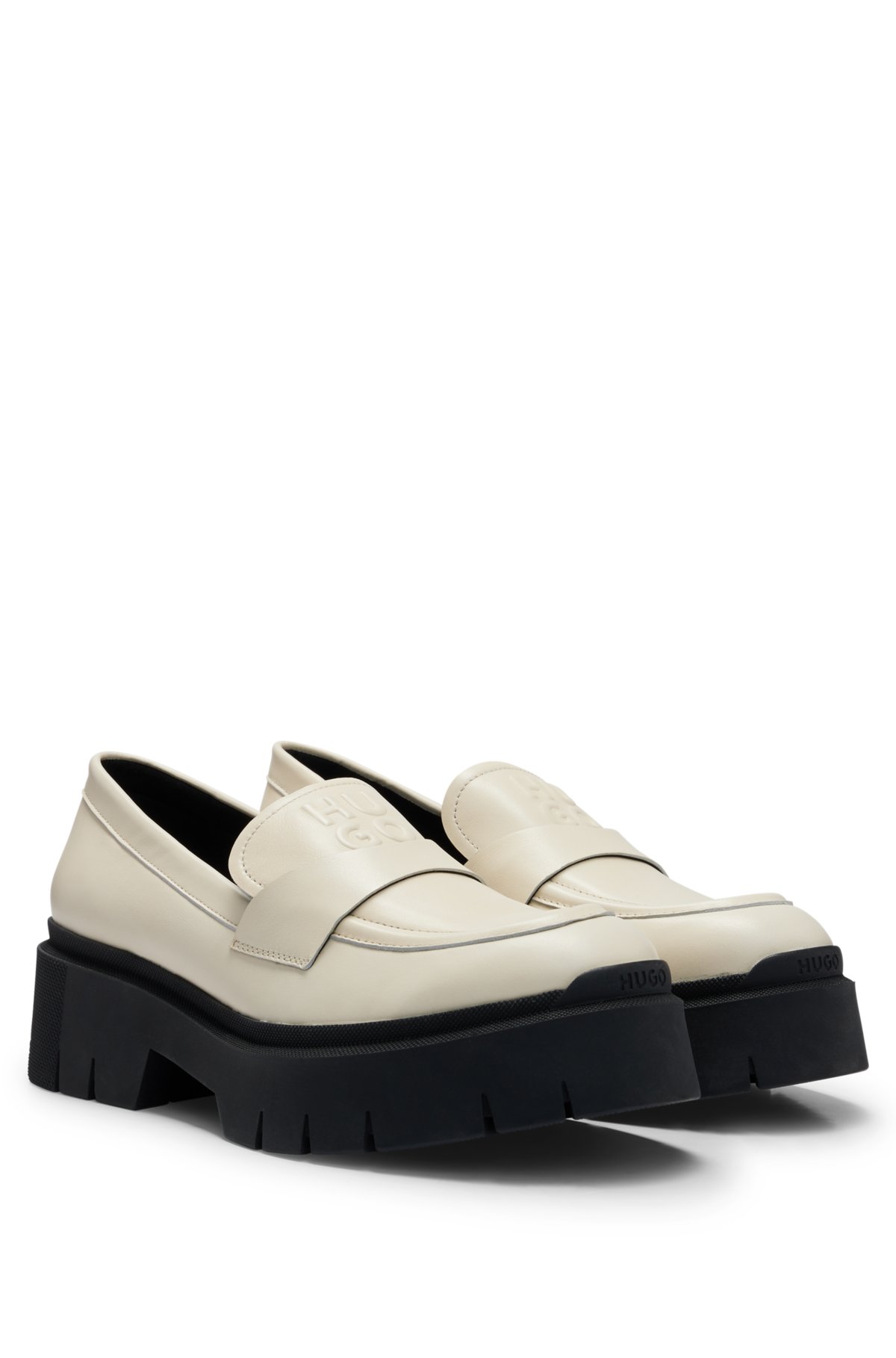 Chunky-sole loafers in smooth leather with logo details, Natural
