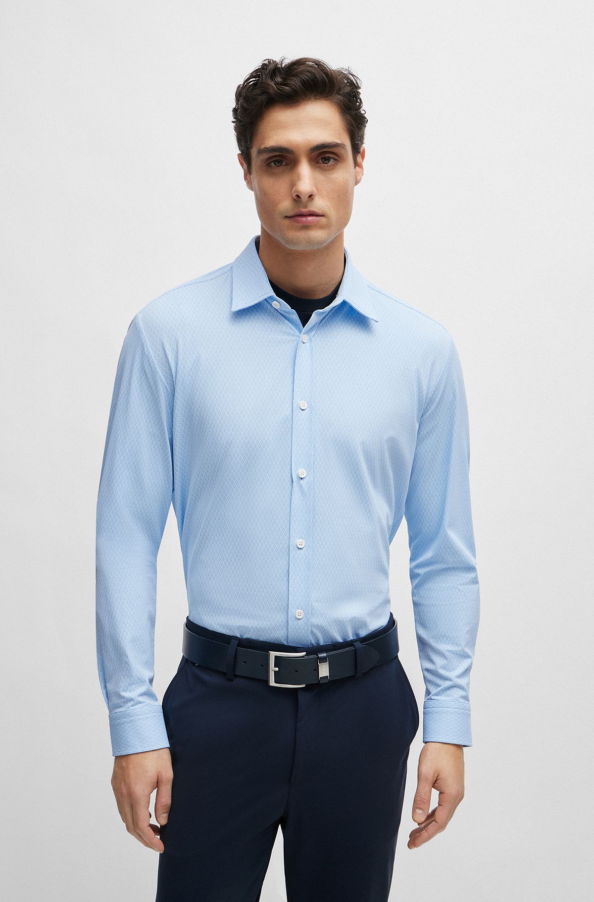 Regular-fit shirt in patterned performance-stretch dobby, Light Blue