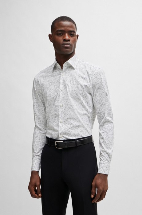Slim-fit shirt in printed stretch-cotton poplin, White