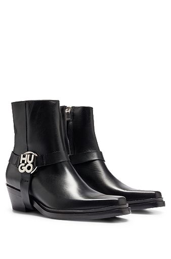 Ankle boots in leather with metallic stacked-logo trim, Black