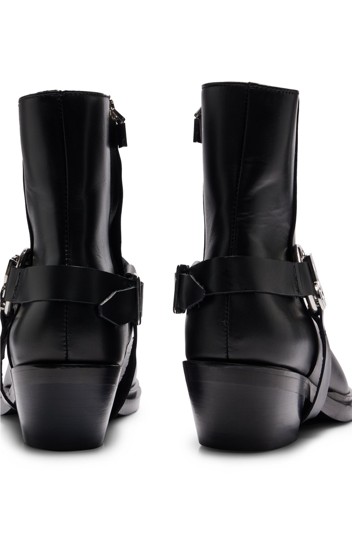 Ankle boots in leather with metallic stacked-logo trim, Black