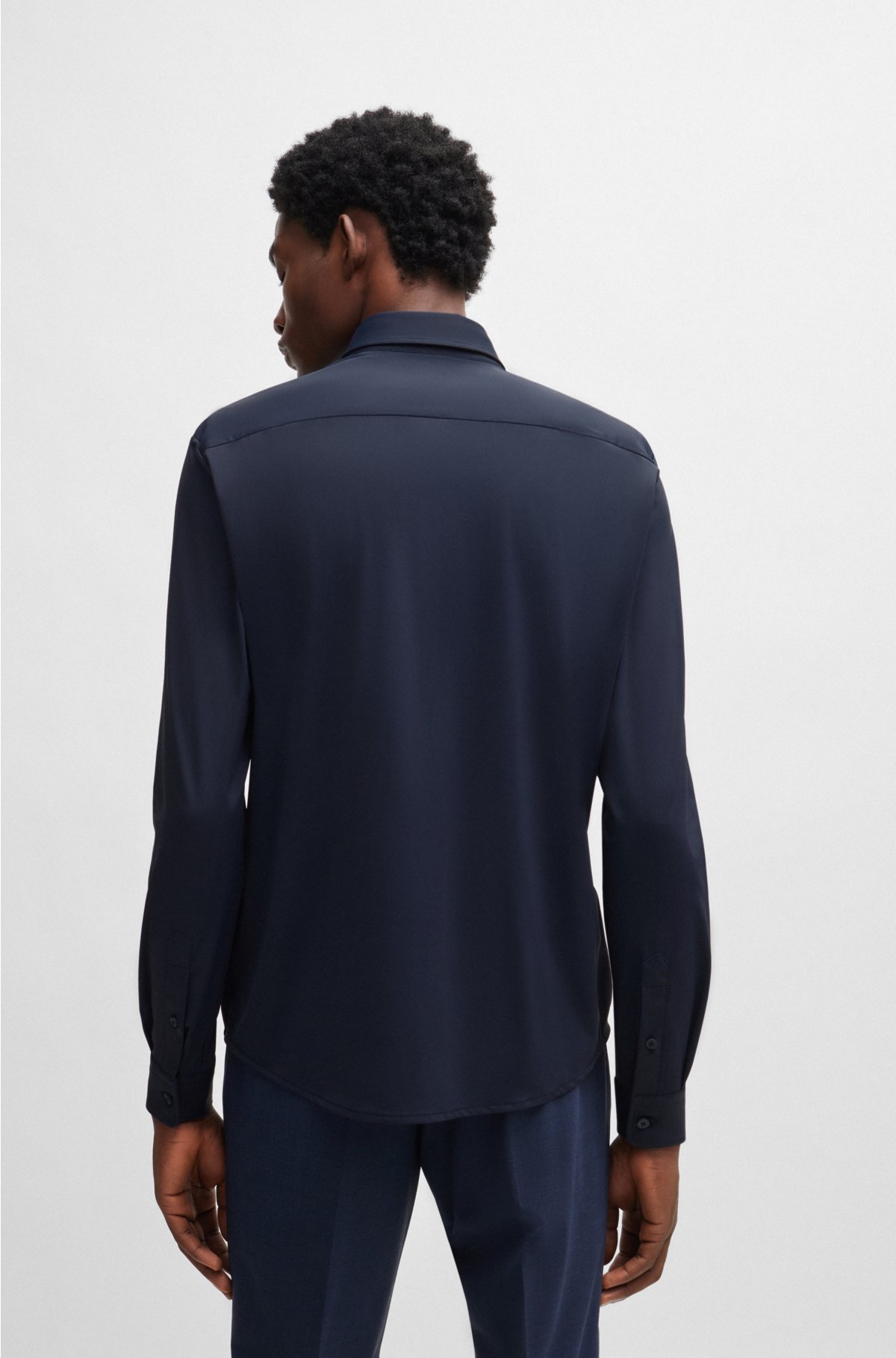 Slim-fit shirt in performance-stretch jersey, Dark Blue