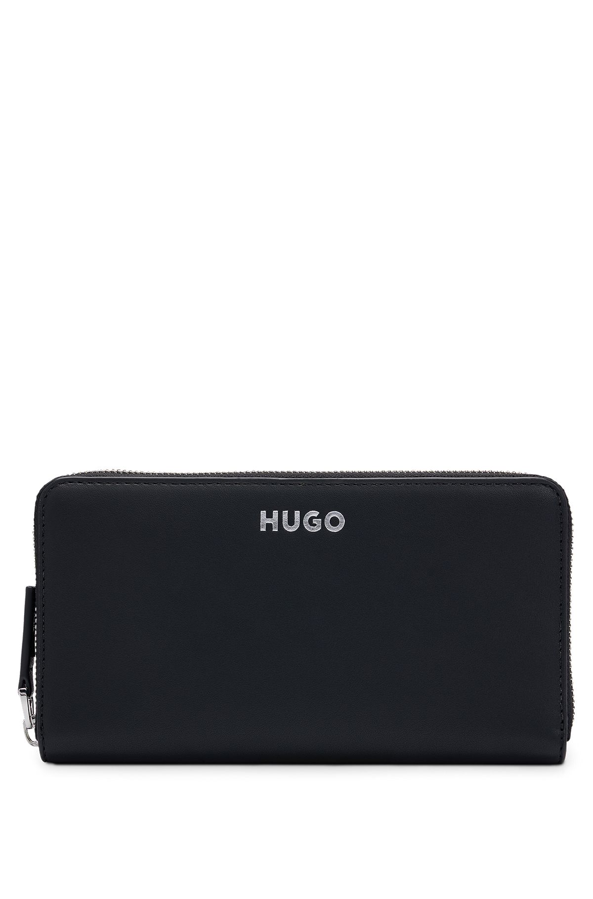 Faux-leather ziparound wallet with embossed logo, Black
