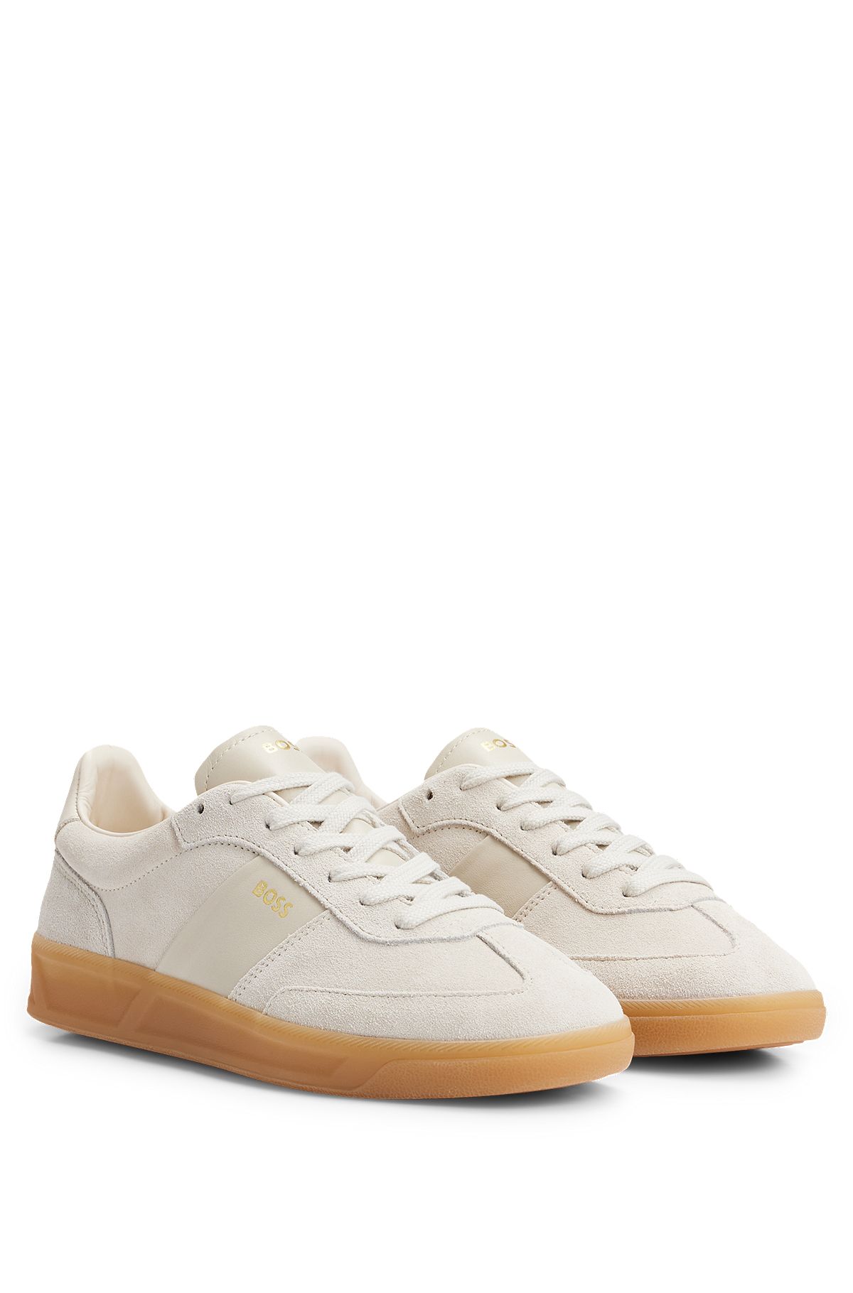 Suede trainers with embossed gold-tone logo, Light Grey