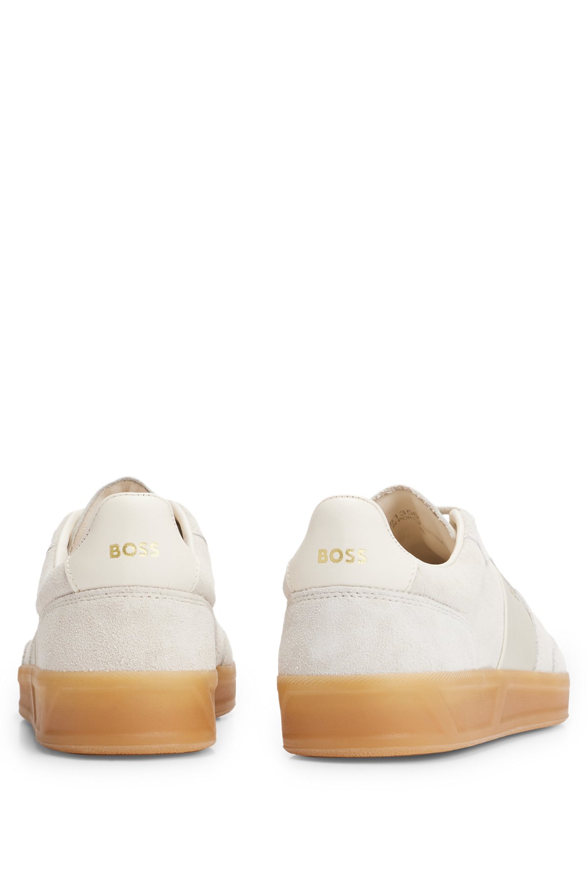 Suede trainers with embossed gold-tone logo, Light Grey