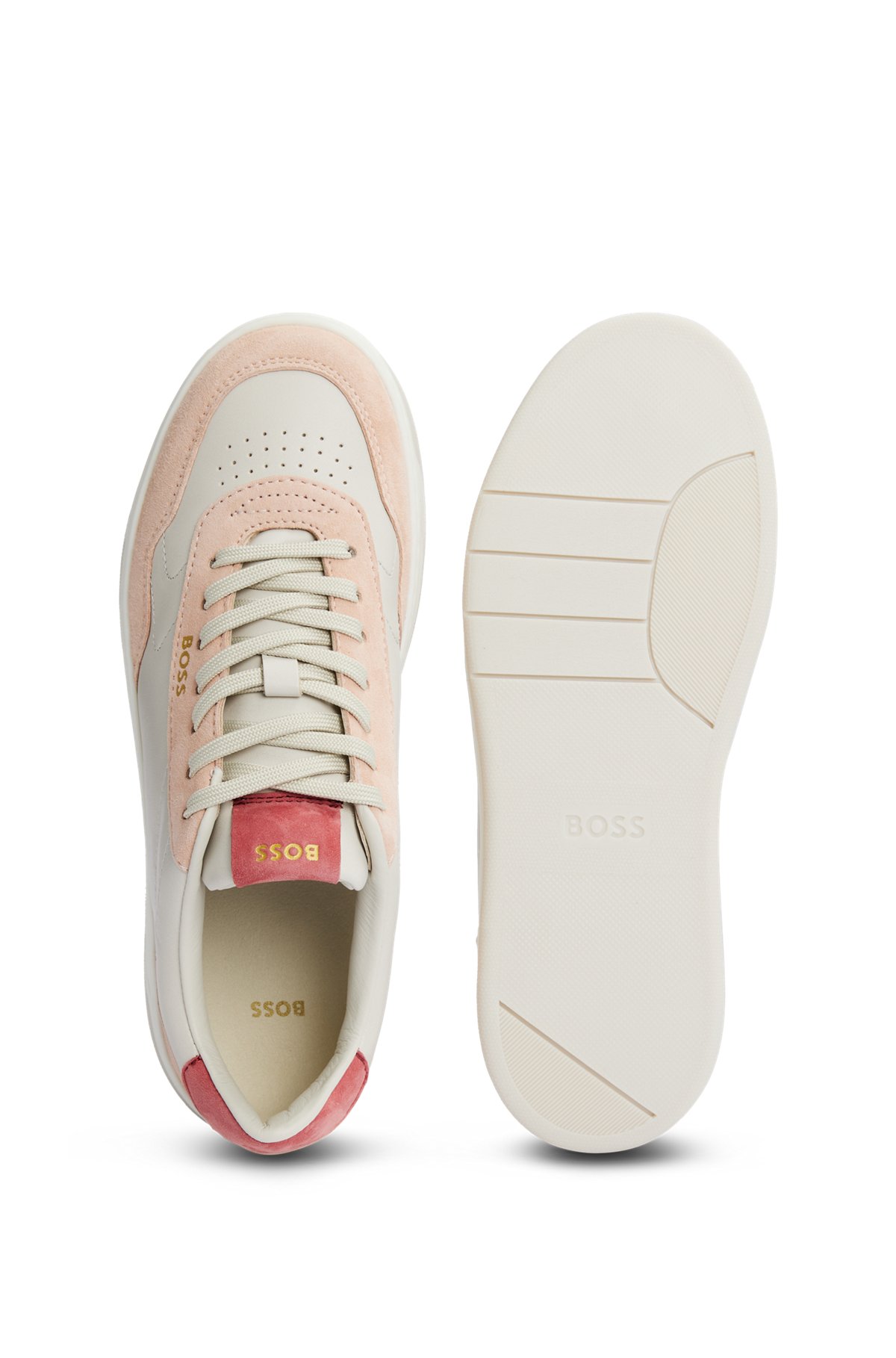 Branded lace-up trainers in leather and nubuck, White