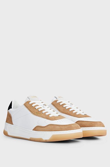 Branded lace-up trainers in leather and nubuck, Light Brown