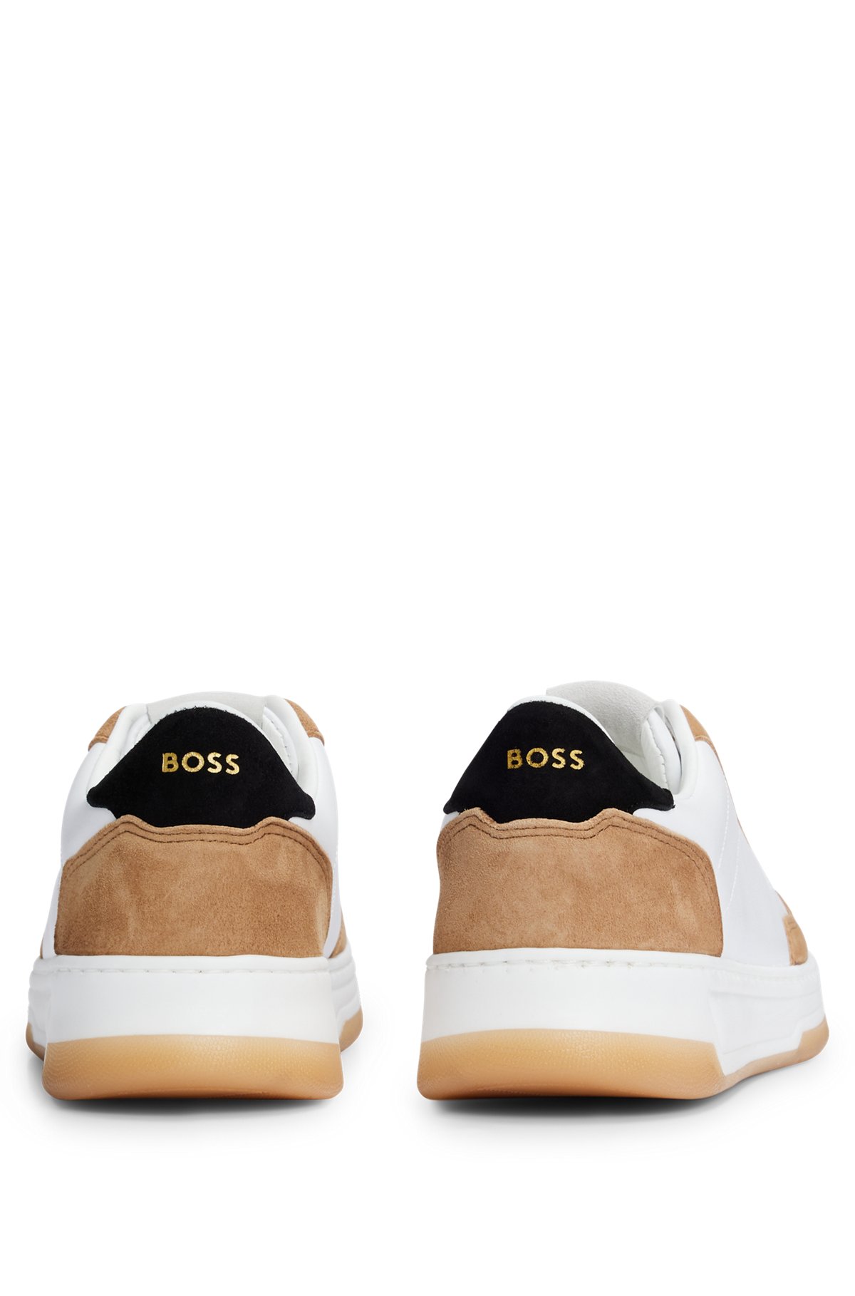 Branded lace-up trainers in leather and nubuck, Light Brown