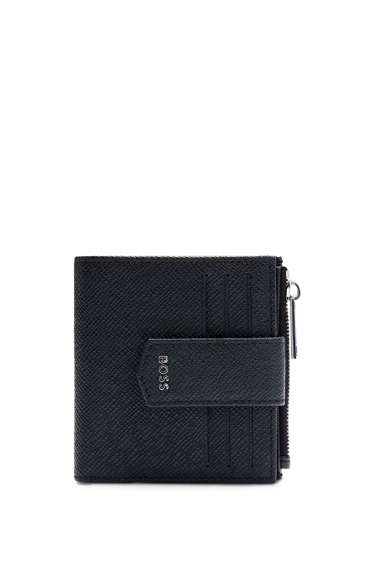 Embossed-leather wallet with polished silver hardware, Black