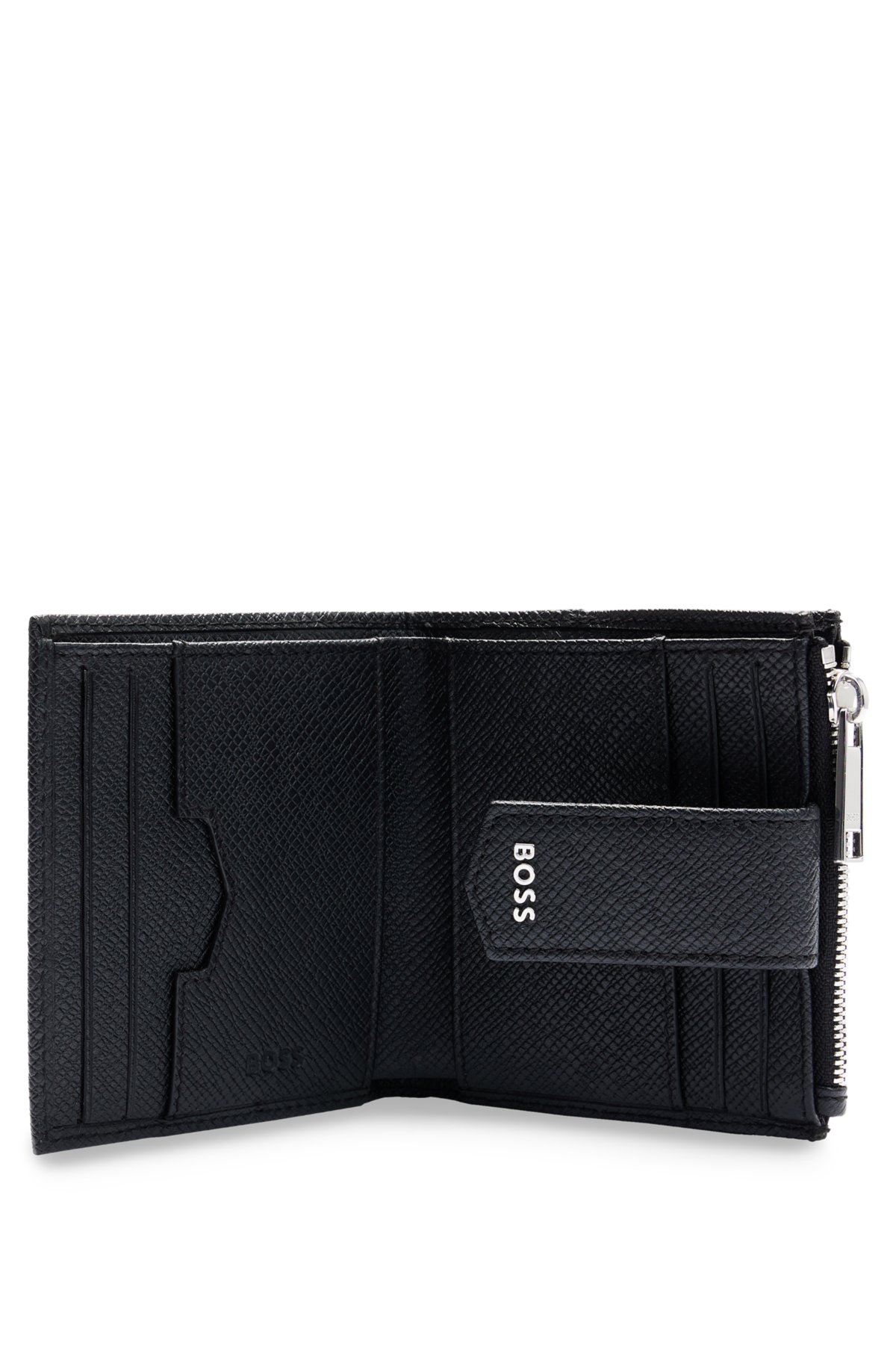 Embossed-leather wallet with polished silver hardware, Black