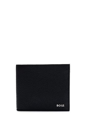 Embossed-leather wallet with metal logo lettering, Nero