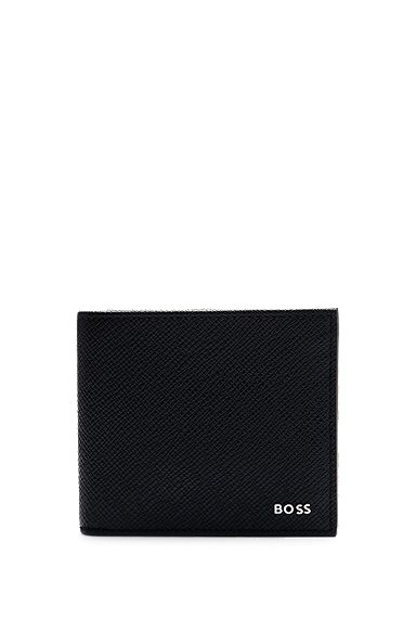 Embossed-leather wallet with metal logo lettering, Zwart