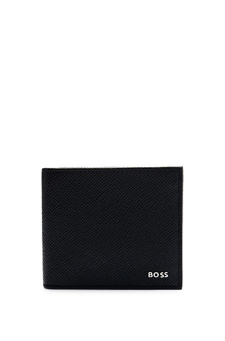 Embossed-leather wallet with metal logo lettering, Nero