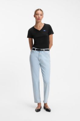 V-neck slim-fit T-shirt in cotton, Black