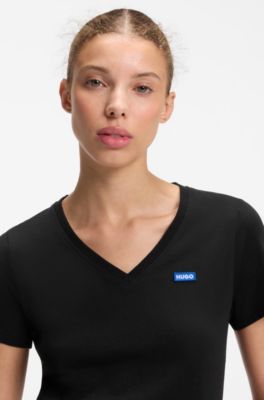 V-neck slim-fit T-shirt in cotton, Black