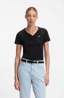 V-neck slim-fit T-shirt in cotton, Black