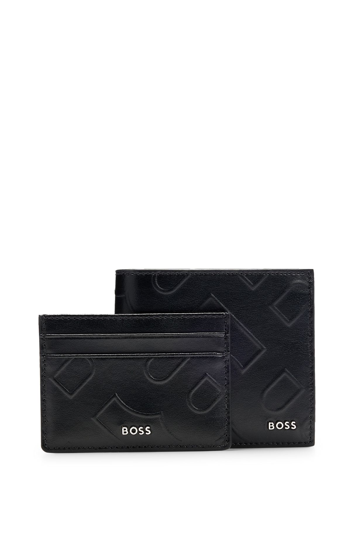 Monogram-embossed leather card case and wallet gift set, Black
