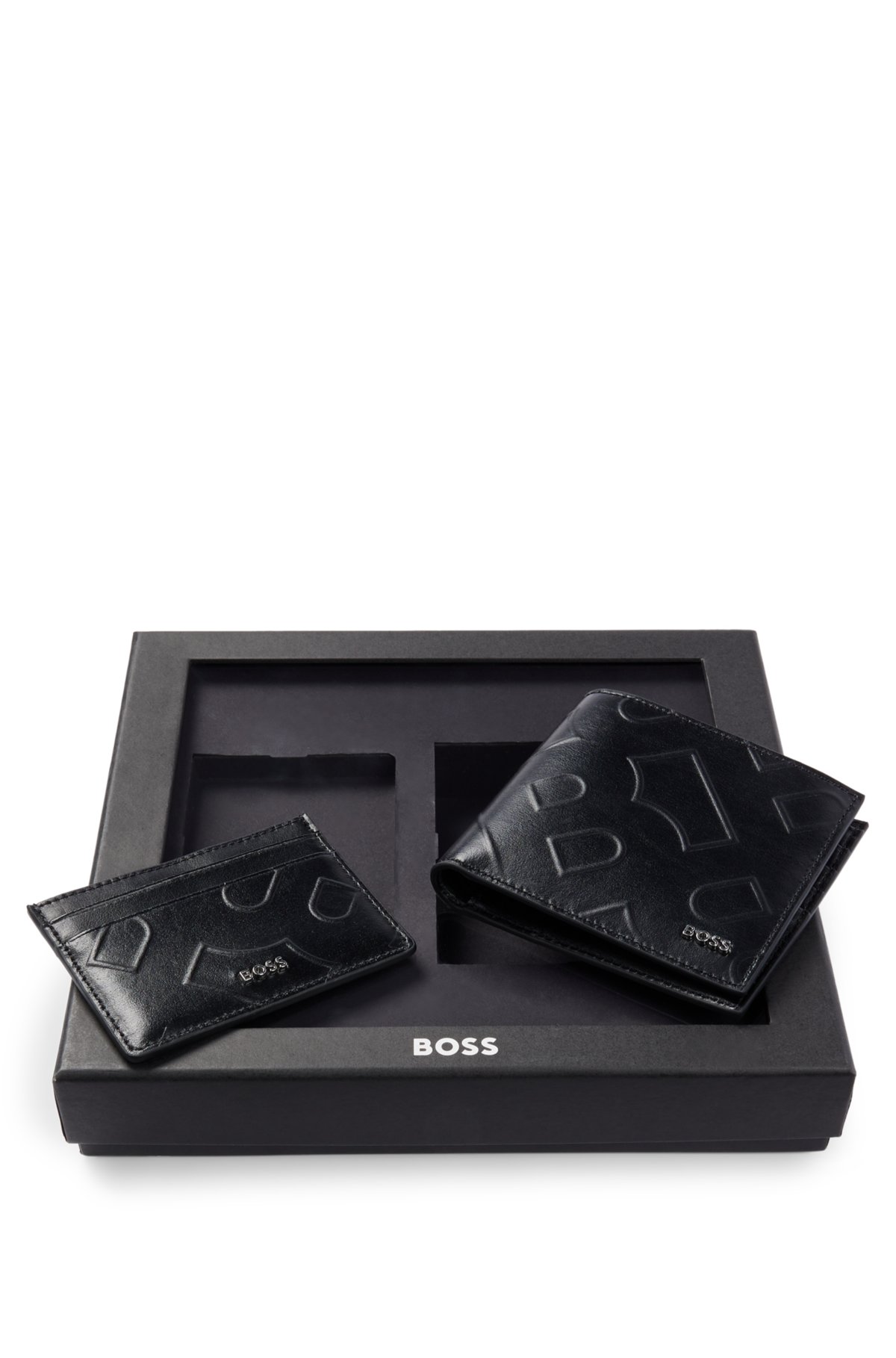 Monogram-embossed leather card case and wallet gift set, Black