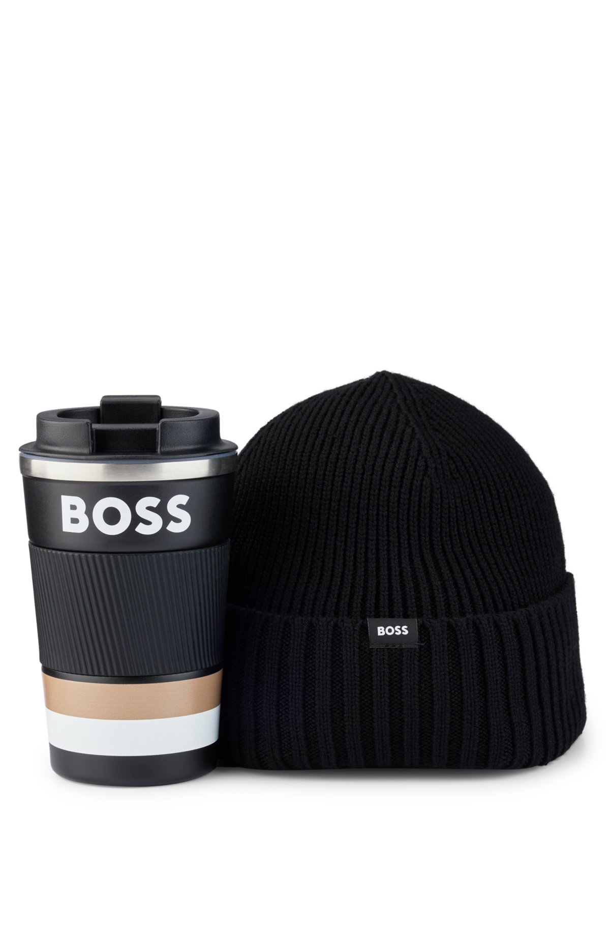 Gift-boxed travel mug and beanie hat set, Black