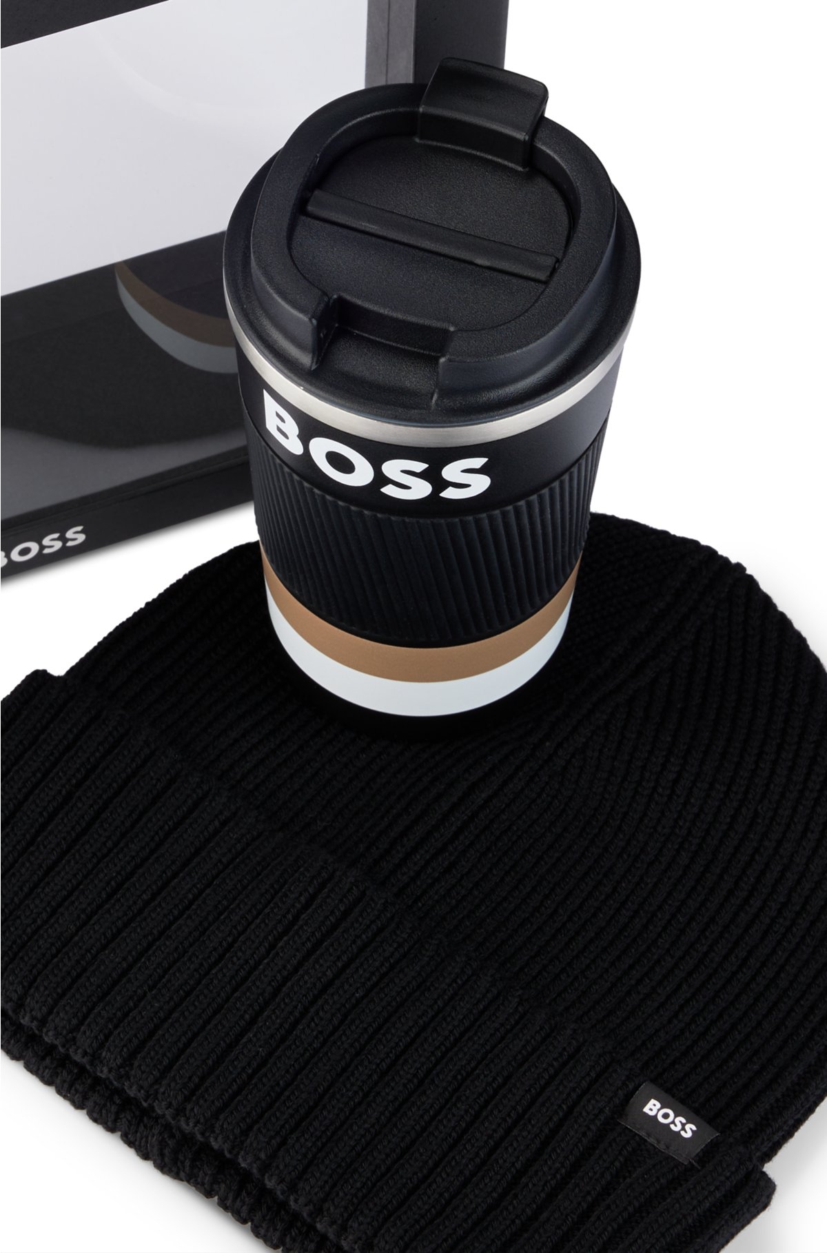 Gift-boxed travel mug and beanie hat set, Black