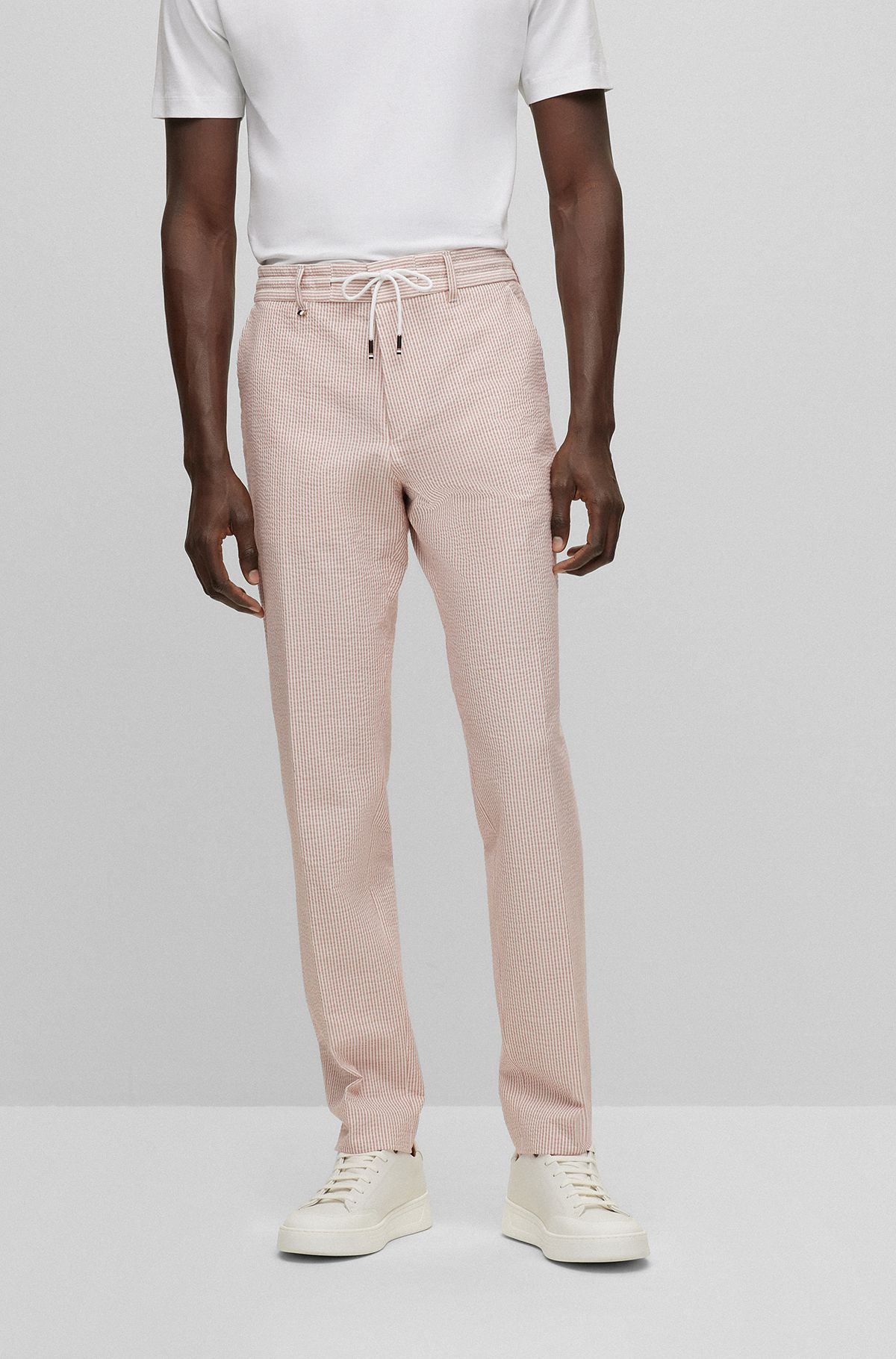 Slim-fit trousers in stretch-cotton seersucker, Light Red