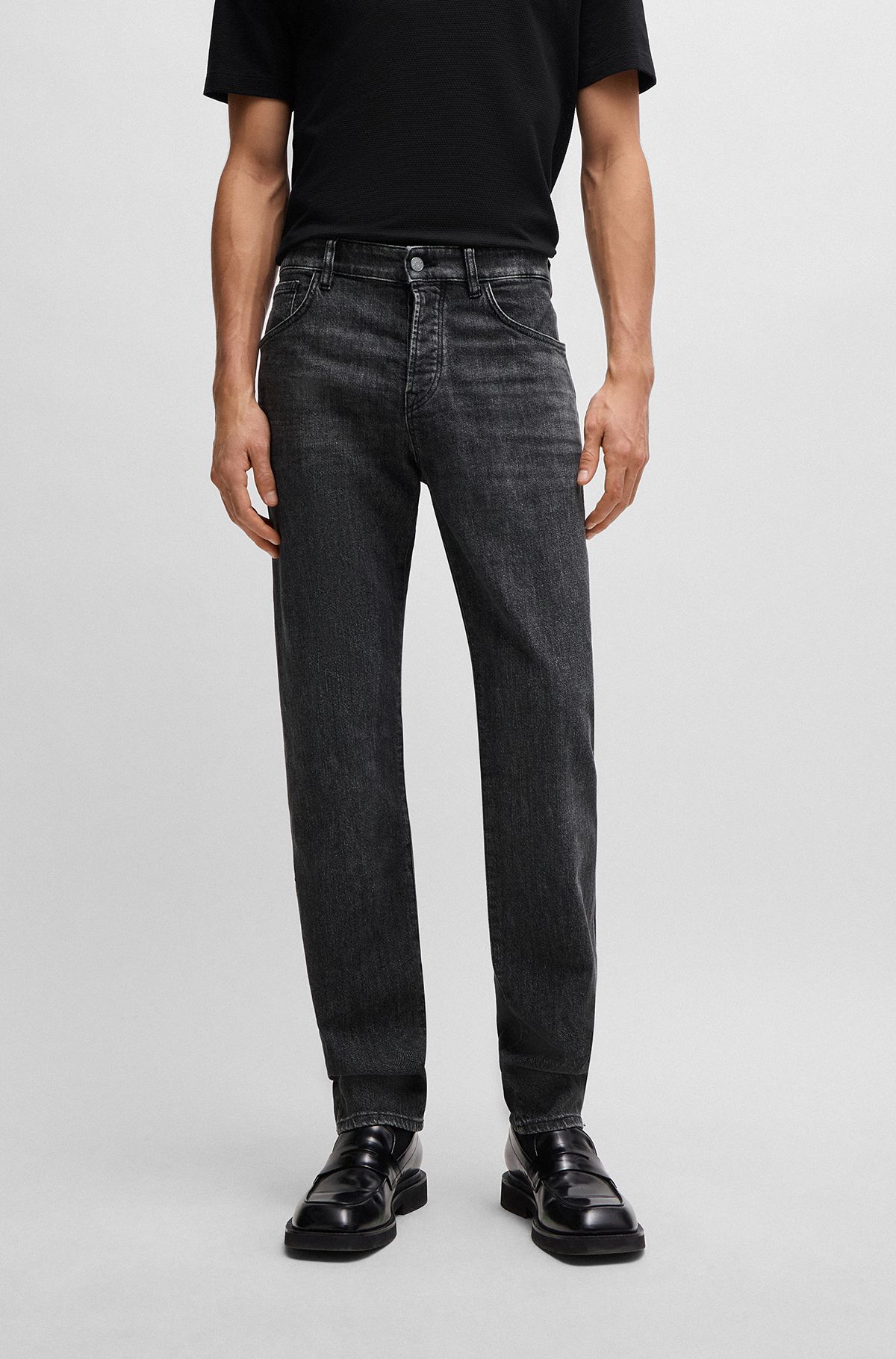Jeans regular fit in denim grigio elasticizzato meccanicamente, Grigio