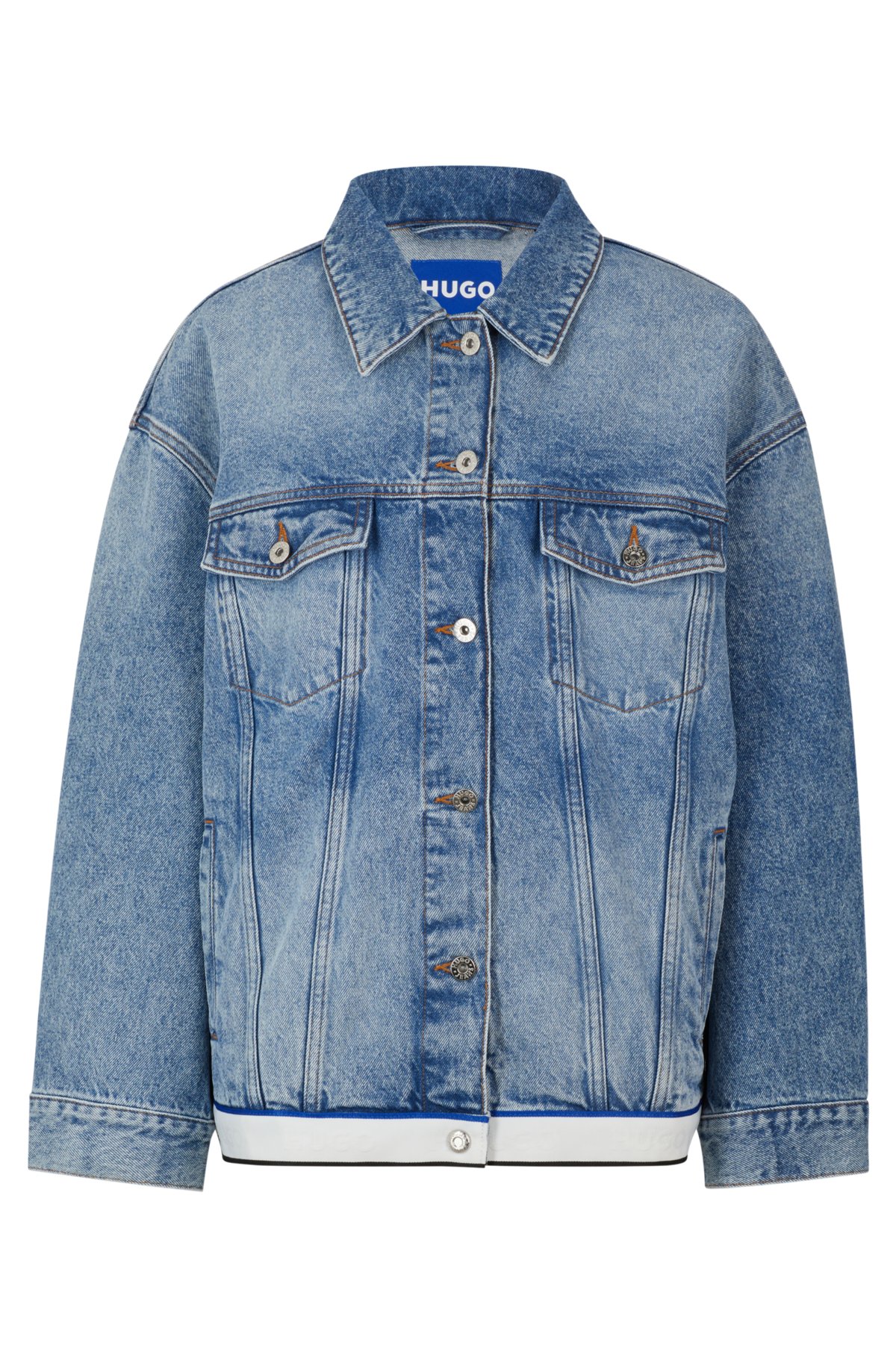 Oversized-fit denim jacket with logo-tape hem, Blue