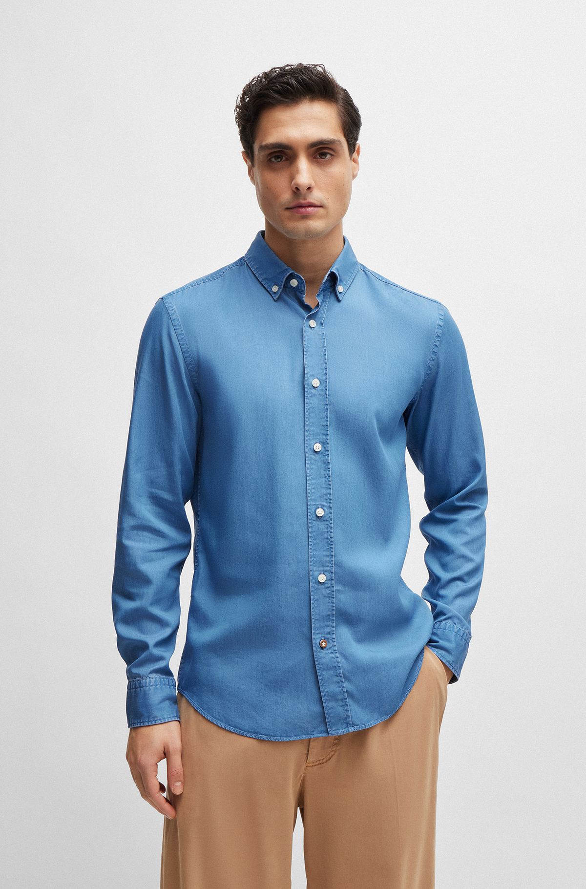 Chemise décontractée avec col à pointes boutonnées, Bleu