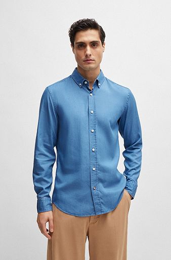 Chemise décontractée avec col à pointes boutonnées, Bleu