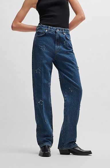 Relaxed-fit jeans in mid-blue star-patch denim, Dark Blue