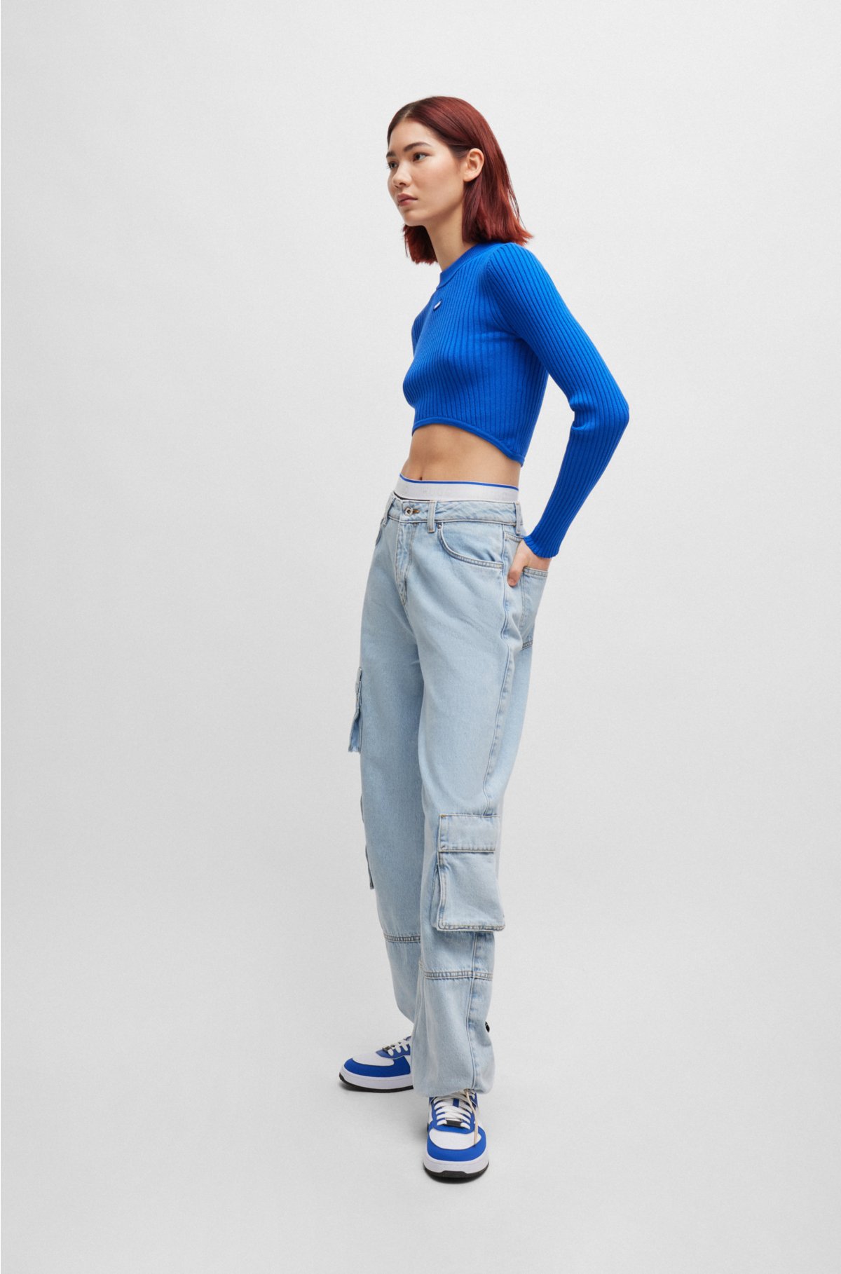Loose-fit cargo jeans in aqua cotton denim, Light Blue