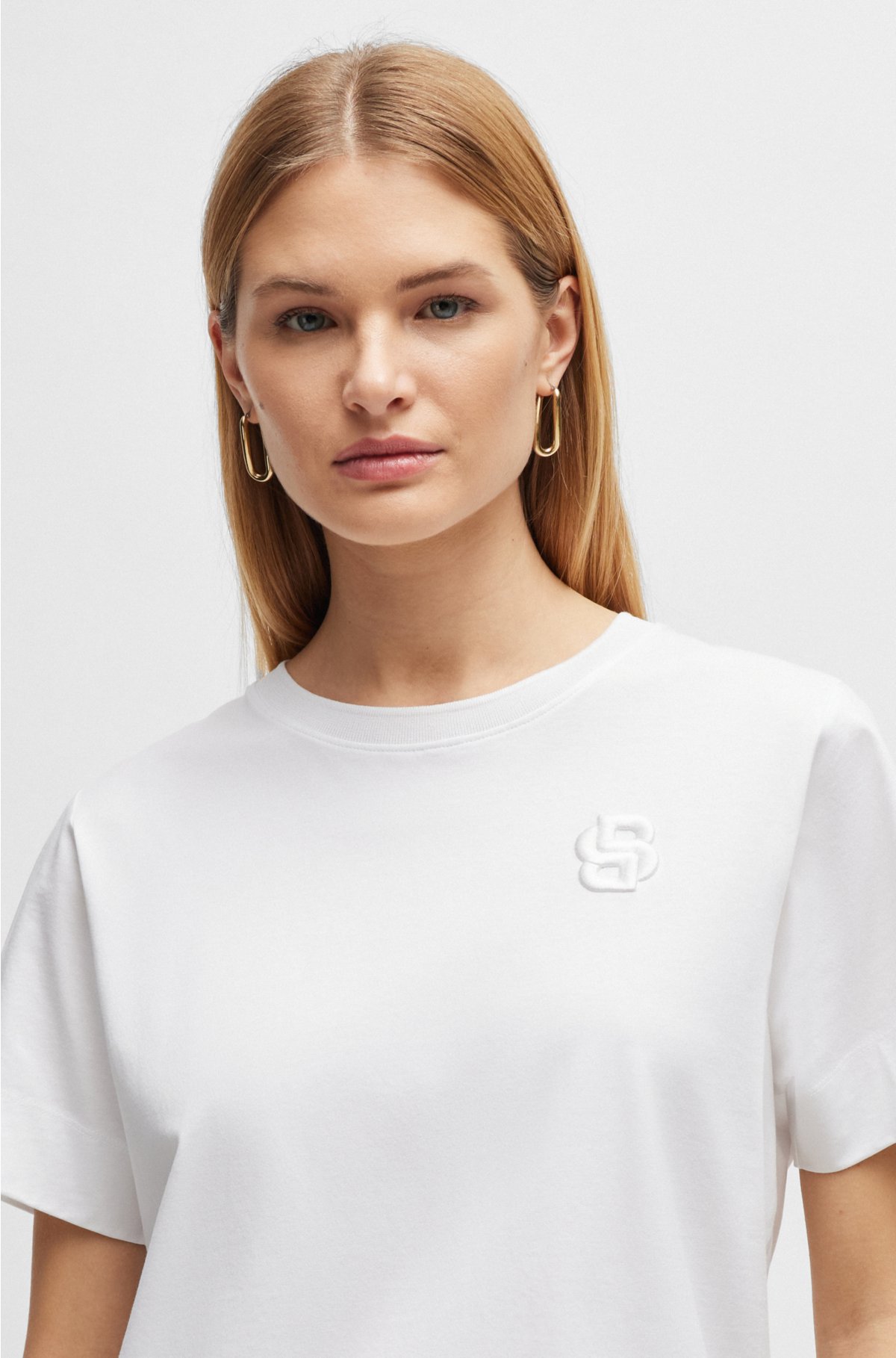 Mercerised-cotton top with double-monogram embroidery, White