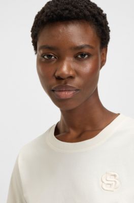 Mercerised-cotton top with double-monogram embroidery, Natural