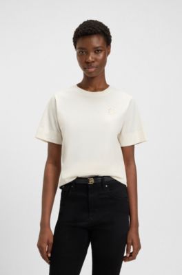 Mercerised-cotton top with double-monogram embroidery, Natural