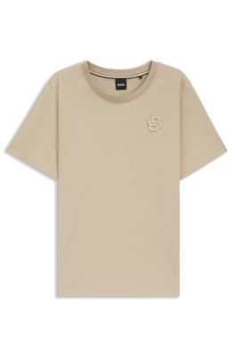 Top de algod&oacute;n mercerizado con monograma doble bordado, Beige claro