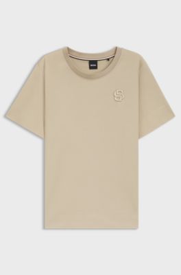 Mercerised-cotton top with double-monogram embroidery, Light Beige
